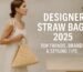 Woman with a woven straw tote stands confidently in a minimalist garden space