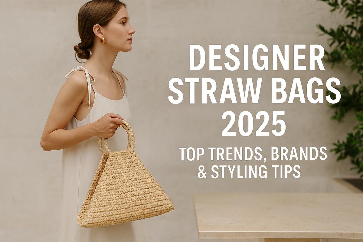 Woman with a woven straw tote stands confidently in a minimalist garden space