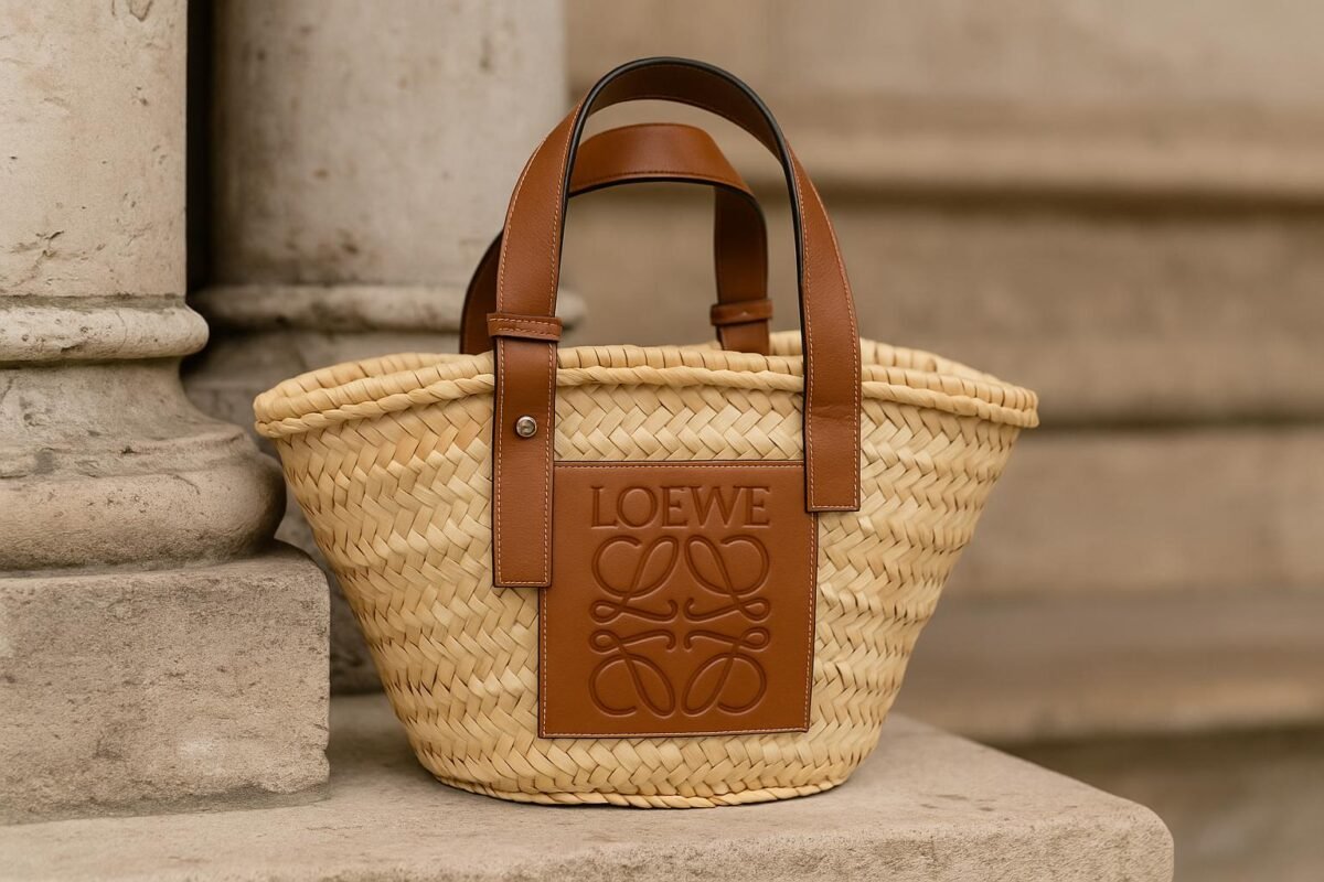 Loewe designer straw basket bag placed on carved stone steps with leather handles and logo panel
