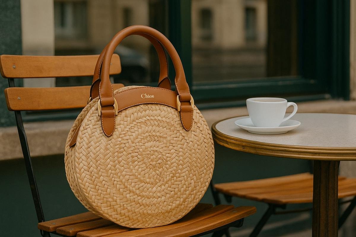 Chloé Marcie round straw bag on a café chair with a coffee cup nearby