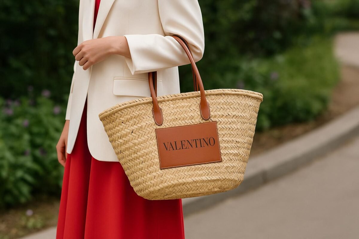 Woman wearing a white blazer and red skirt holding a Valentino straw tote with leather trim