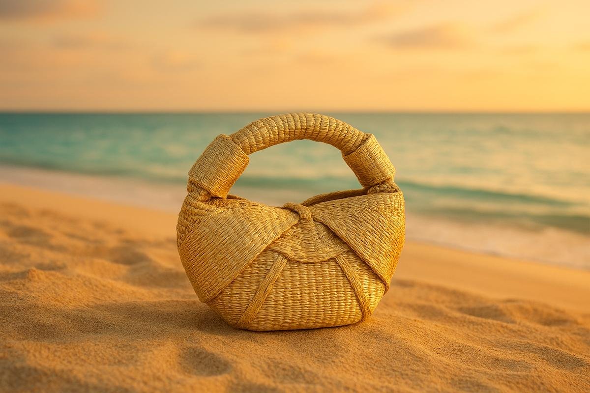Woven gold designer straw handbag placed on golden beach sand with ocean in the background