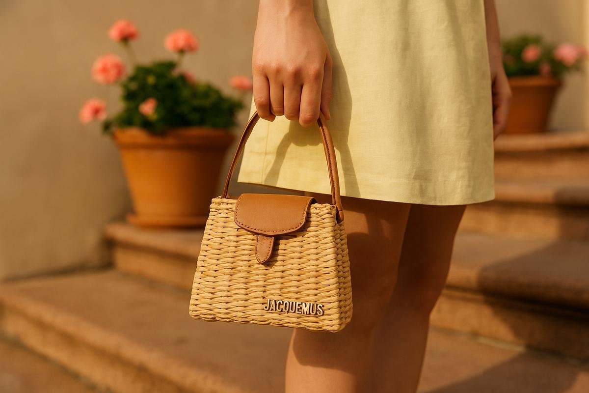 Close-up of a Jacquemus miniature straw bag with leather handle on a clean white table