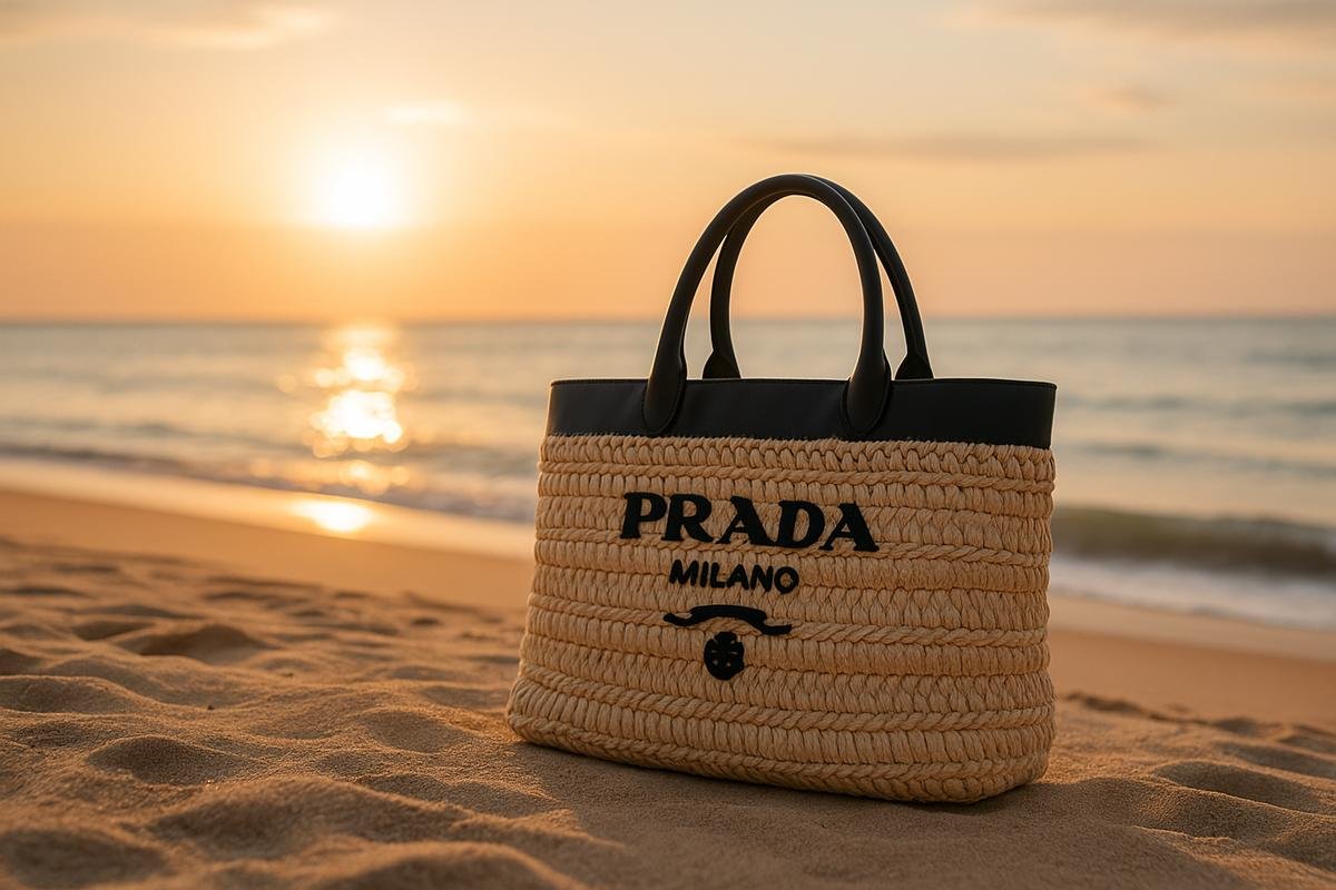 Prada Milano straw tote with black leather handles on a golden sandy beach at sunset