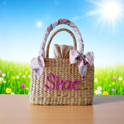 Siriporn Personalised Floral Ribbon Straw Bag With Name And Floral Bows