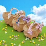 Scalloped straw tote with floral ribbon bows