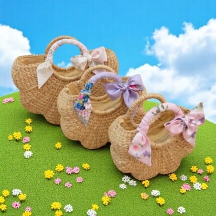 Scalloped straw tote with floral ribbon bows