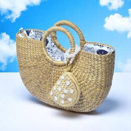 Wilawan Daisy Embroidered Natural Straw Bag
