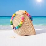 Shell-shaped straw bag with rainbow bead handle