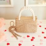 Straw Crossbody Bag With Pearl-Style Handle, Handmade In Thailand