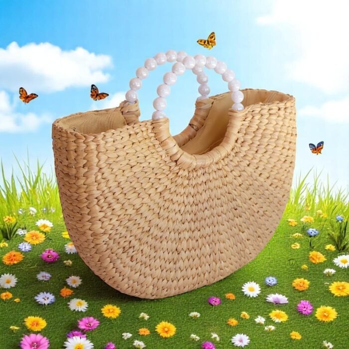 Pearl Handle Straw Tote Bag