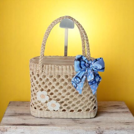 Blue Ribbon Straw Bag With Flowers