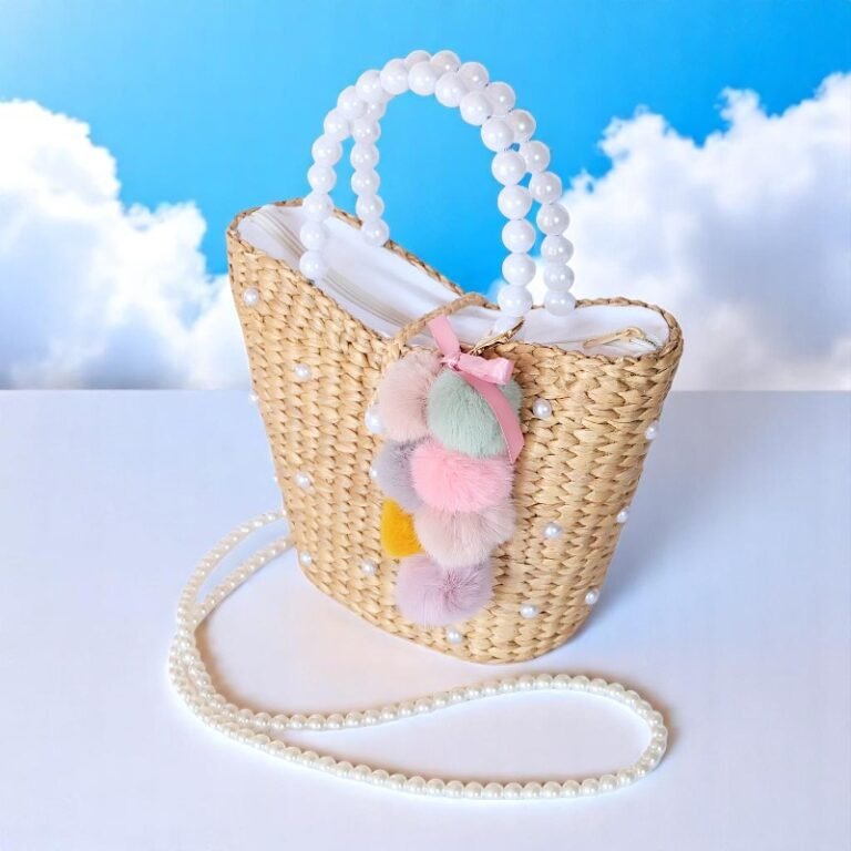 Pearl Handle Straw Bag With Pom-Poms