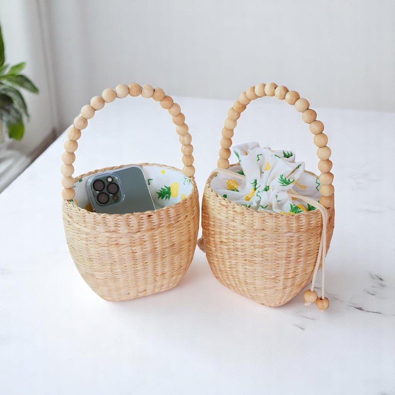 Mini Straw Bag With Beaded Handle