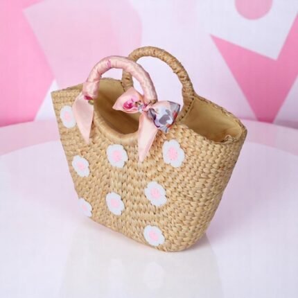Floral Straw Bag With Pink Scarf Handle