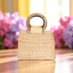 Handmade mini straw bag with white handle
