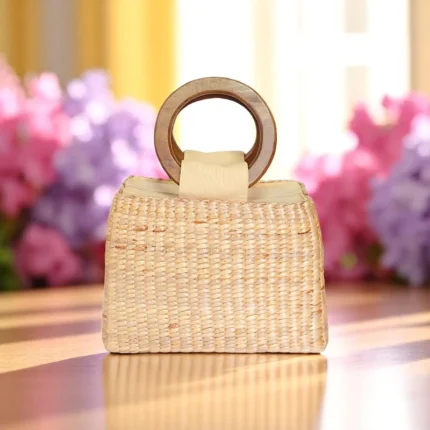 Handmade mini straw bag with white handle