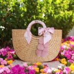 Nilawan Decorative Ladies Straw Tote Bag – floral handmade straw purse with pink ribbon handles, bows, and pastel pom-poms