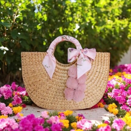 Nilawan Decorative Ladies Straw Tote Bag – floral handmade straw purse with pink ribbon handles, bows, and pastel pom-poms