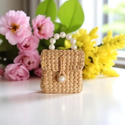 Mini water hyacinth handbag with pearl handle