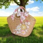 Sopida Pink Bow Woven Wedding Tote – floral bridal straw bag with hand-stitched pastel flowers and pink ribbon handles