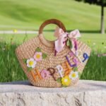 Embroidered Straw Bag With Happy Life Design