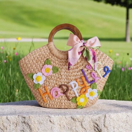 Embroidered Straw Bag With Happy Life Design