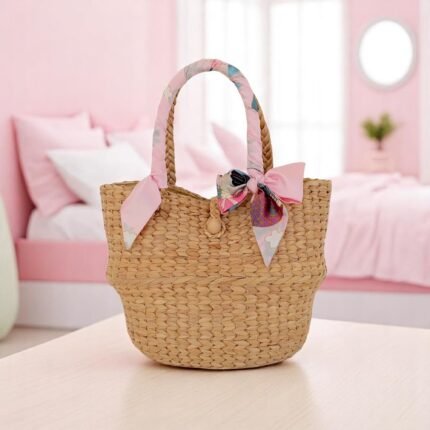 Woven Straw Tote Bag With Pink Scarf Handle
