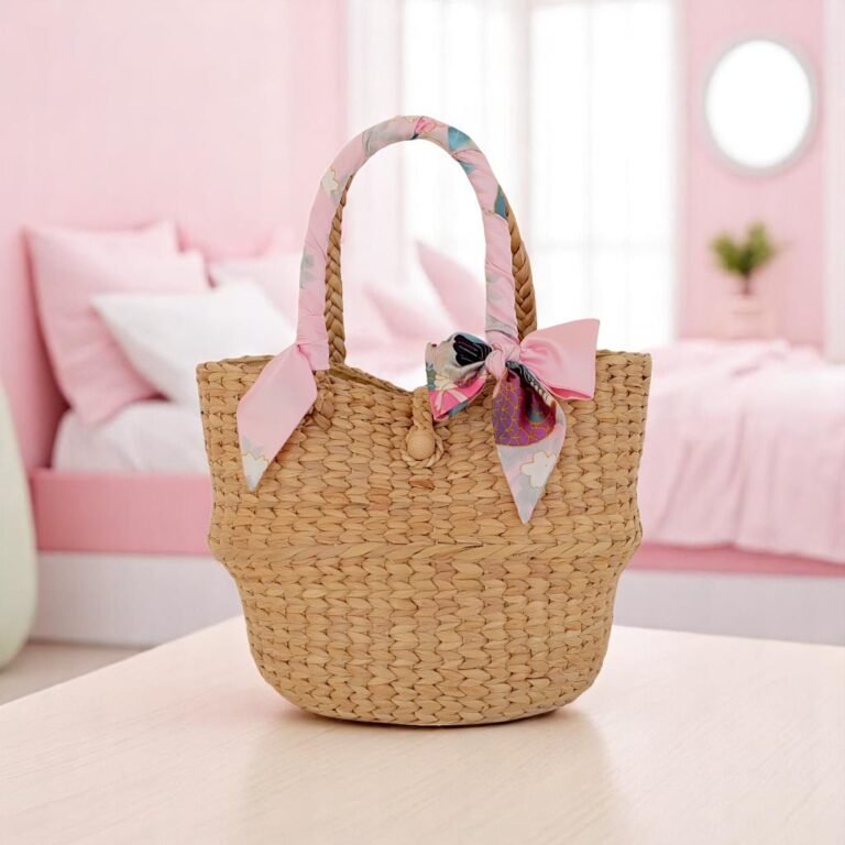 Woven Straw Tote Bag With Pink Scarf Handle