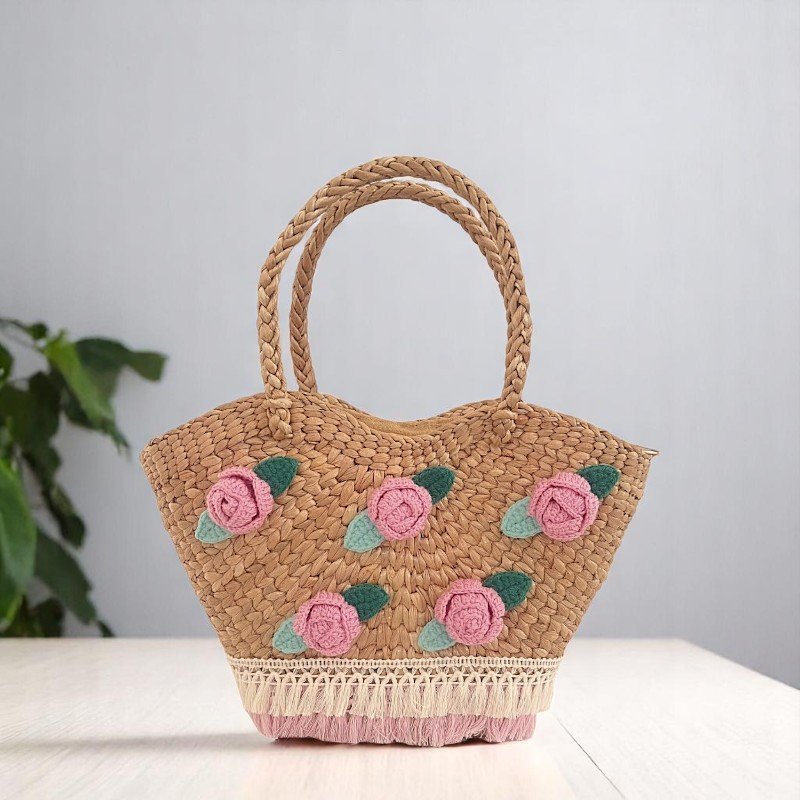 Sasithorn Floral Straw Tote with Pink Tassels