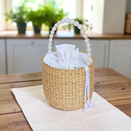 Panthita Straw Pearl Canister Bag
