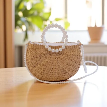 Kannita Straw Pearl Half Moon Bag