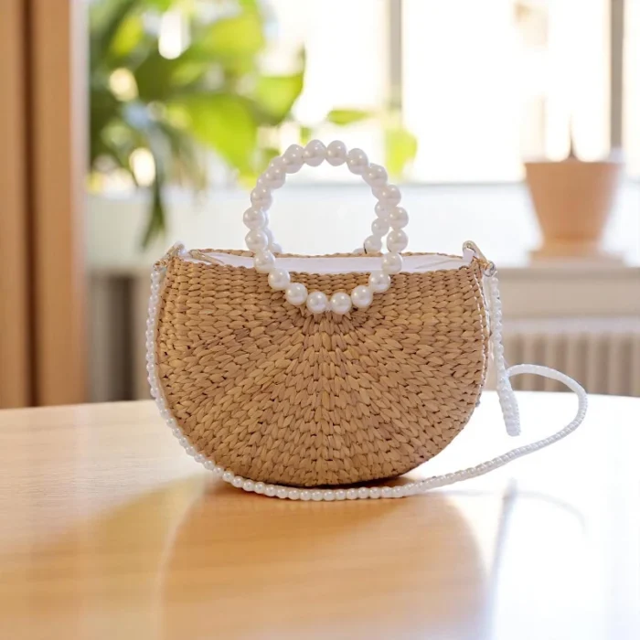 Kannita Straw Pearl Half Moon Bag - Image 1