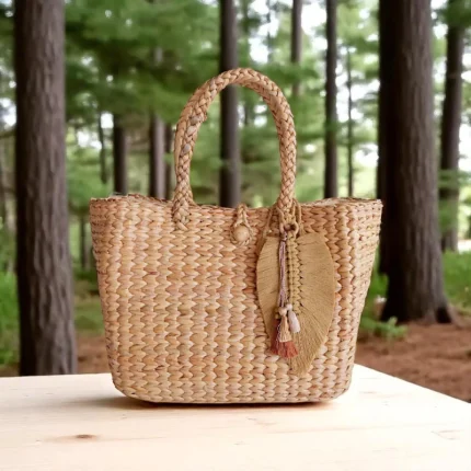 Phaithong Straw Feather Boho Tote