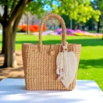 Malee Straw Macramé Charm Beach Bag