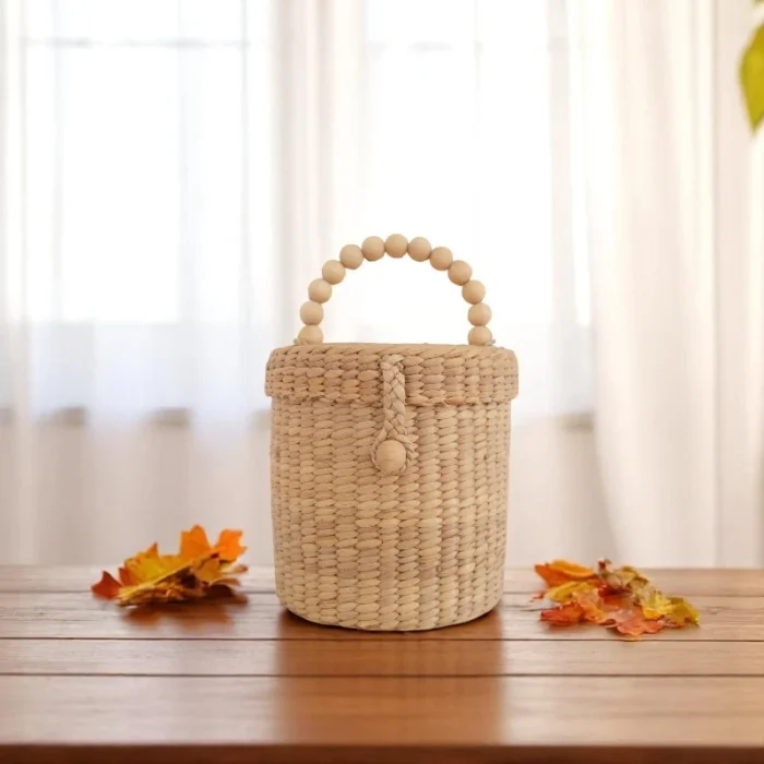 Sasithorn Straw Round Beaded Canister Bag - Image 1